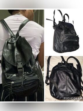 Vintage Dark Black Genuine Leather Bucket Drawstring Mini Backpack